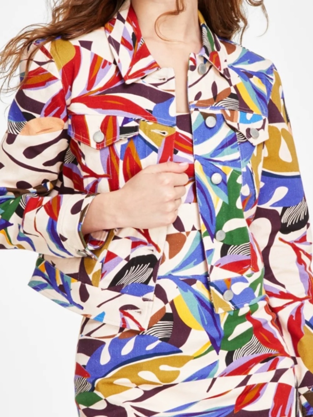 Avec Les Filles Colorful Abstract Palm Print Denim Trucker Jacket Size 12